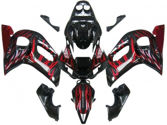 Affordable 1998-2002 Black Red Flame Yamaha YZF R6 Replacement Fairings