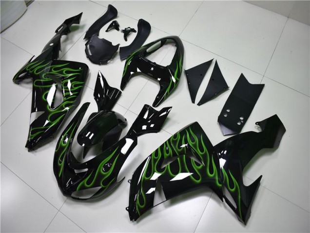 Affordable 2006-2007 Black Green Flame Kawasaki ZX10R Motorcycle Fairing