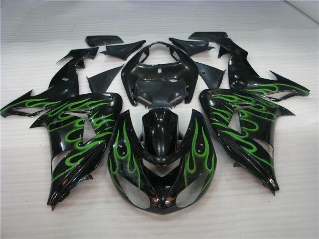 Affordable 2006-2007 Black Green Flame Kawasaki ZX10R Motorcycle Fairing