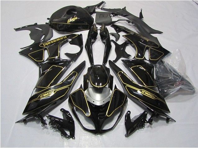 Affordable 2009-2012 Black Gold Kawasaki ZX6R Motorcycle Fairings Kit